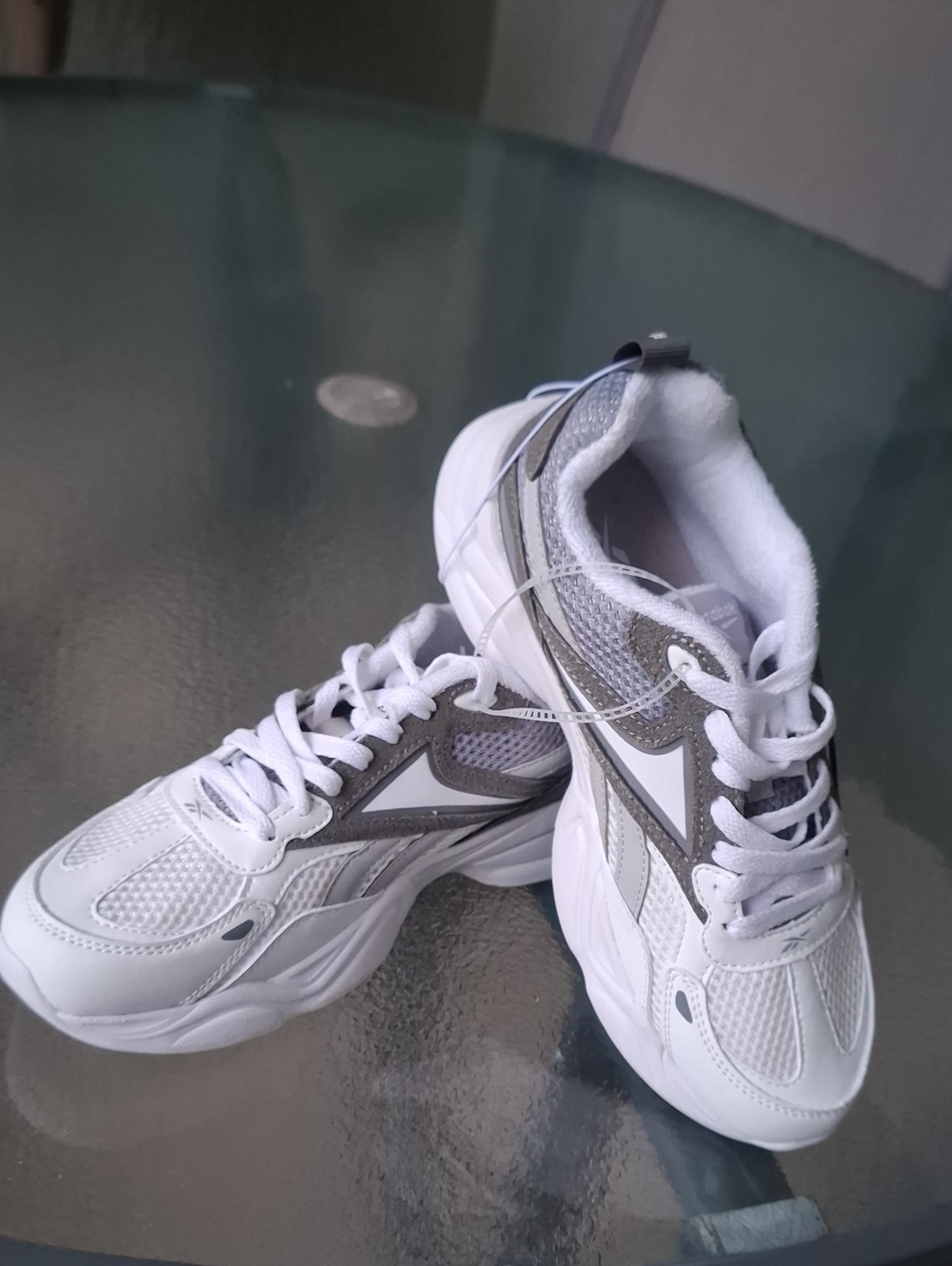 Reebok Women's White and Gray Athletic Sneakers with Mesh Upper.  Size 6